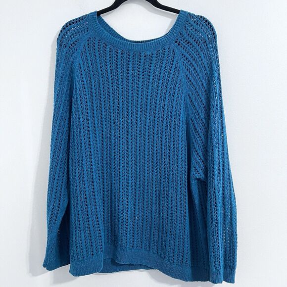 J. Jill Open Knit Sweater Size L Teal Blue Beachy Tunic Round Neck Crochet Top - Picture 1 of 7
